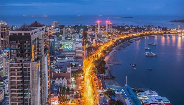 Aerial view of Dar es Salaam skyline at dusk