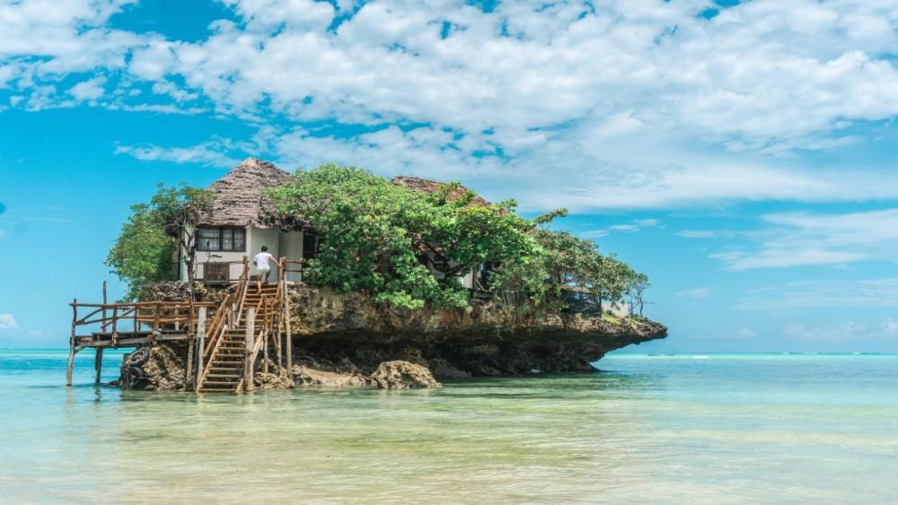 The Rock Restaurant standing on a rock in the ocean, Zanzibar